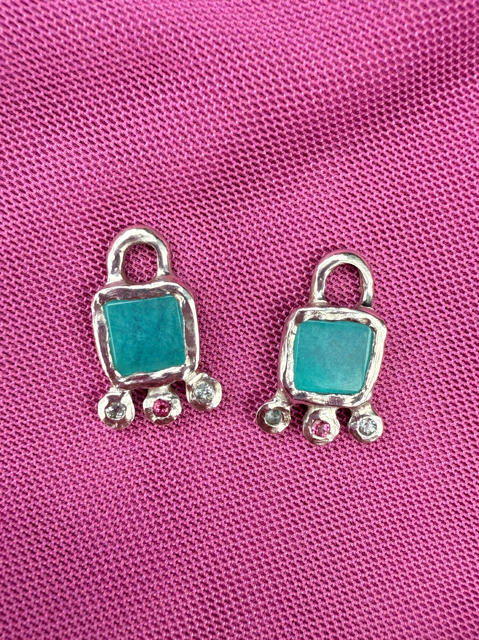 Cute silver earring charms with amazonite, blue topaz and pink topaz gemstones