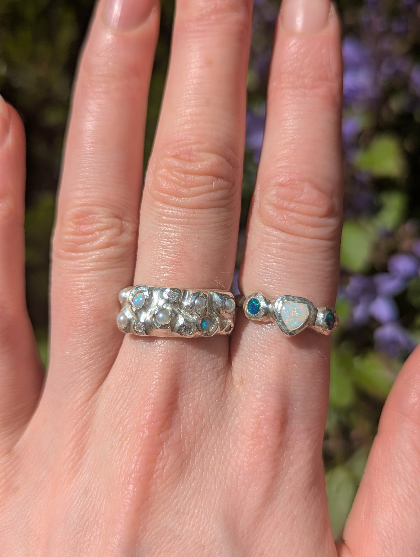 Silver rings with opals, pearls and moissanite gemstones