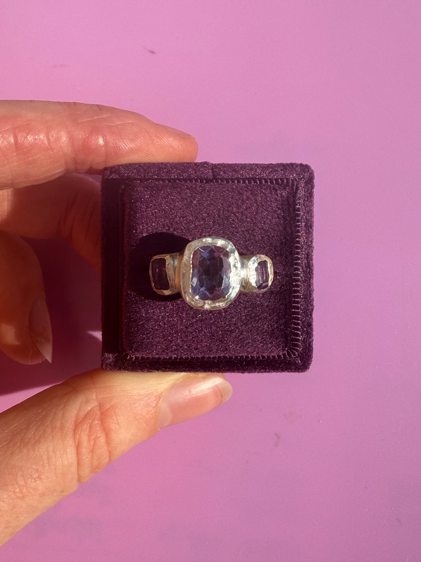 Cushion cut amethyst bohemian handmade silver ring in box