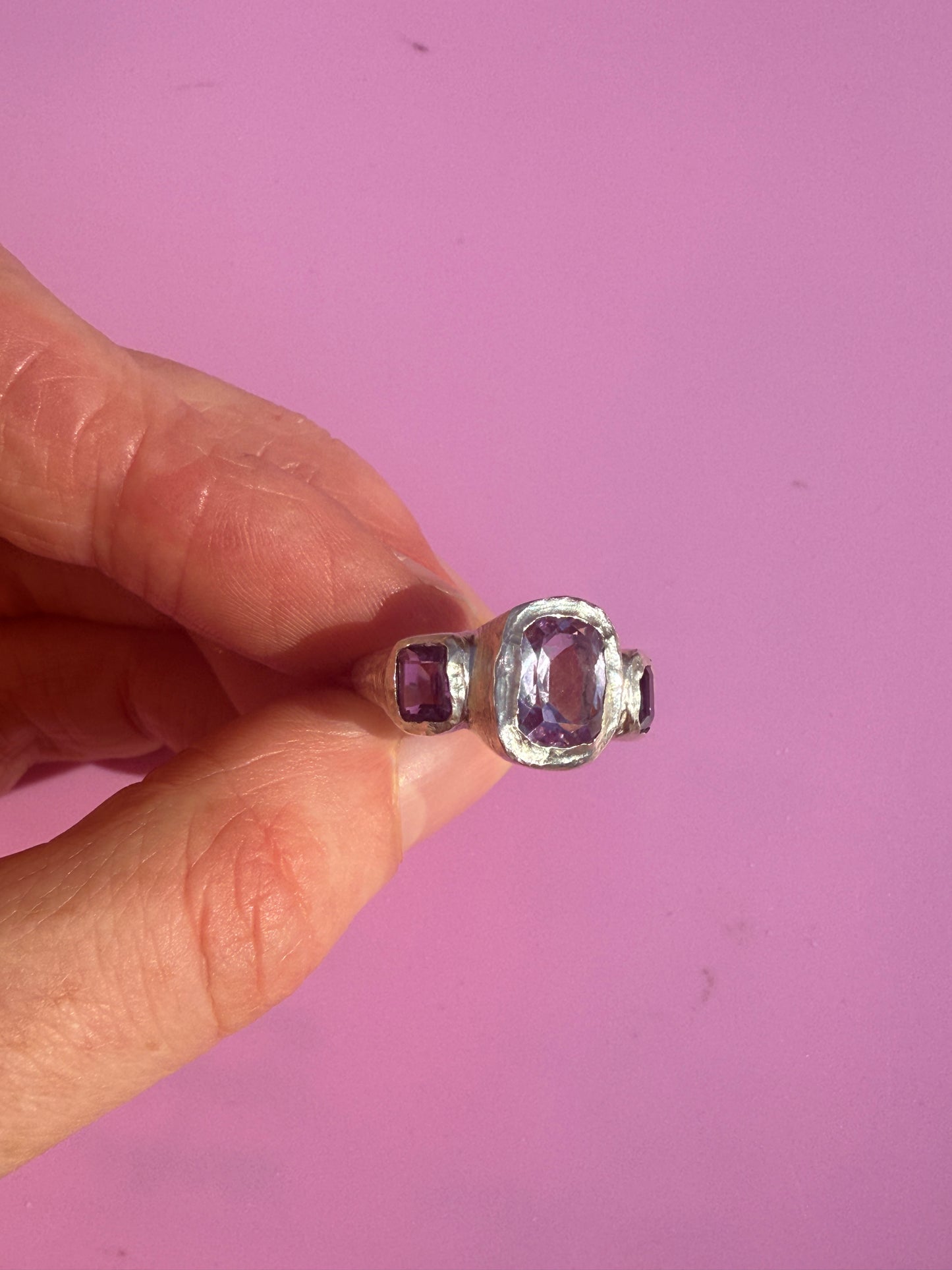 Cushion cut amethyst bohemian handmade silver ring side view 1