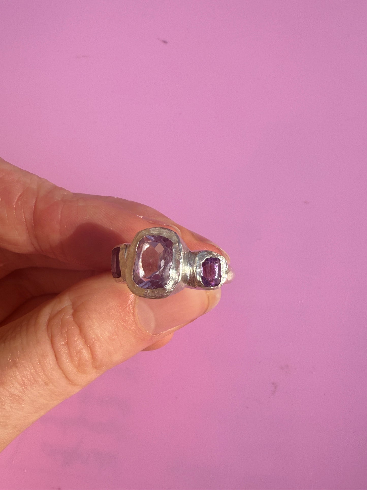 Cushion cut amethyst bohemian handmade silver ring side view 2