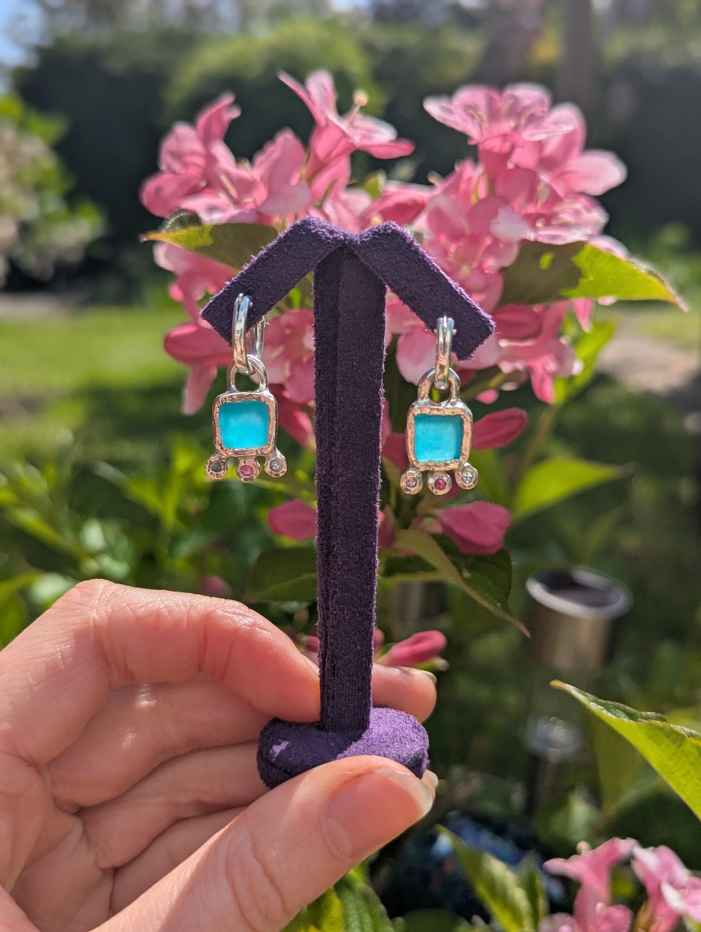 Cute_handmade_earrings_made_from_amazonite_sky_blue_topaz_and_pink_topaz_set_in_recycled_sterling_silver