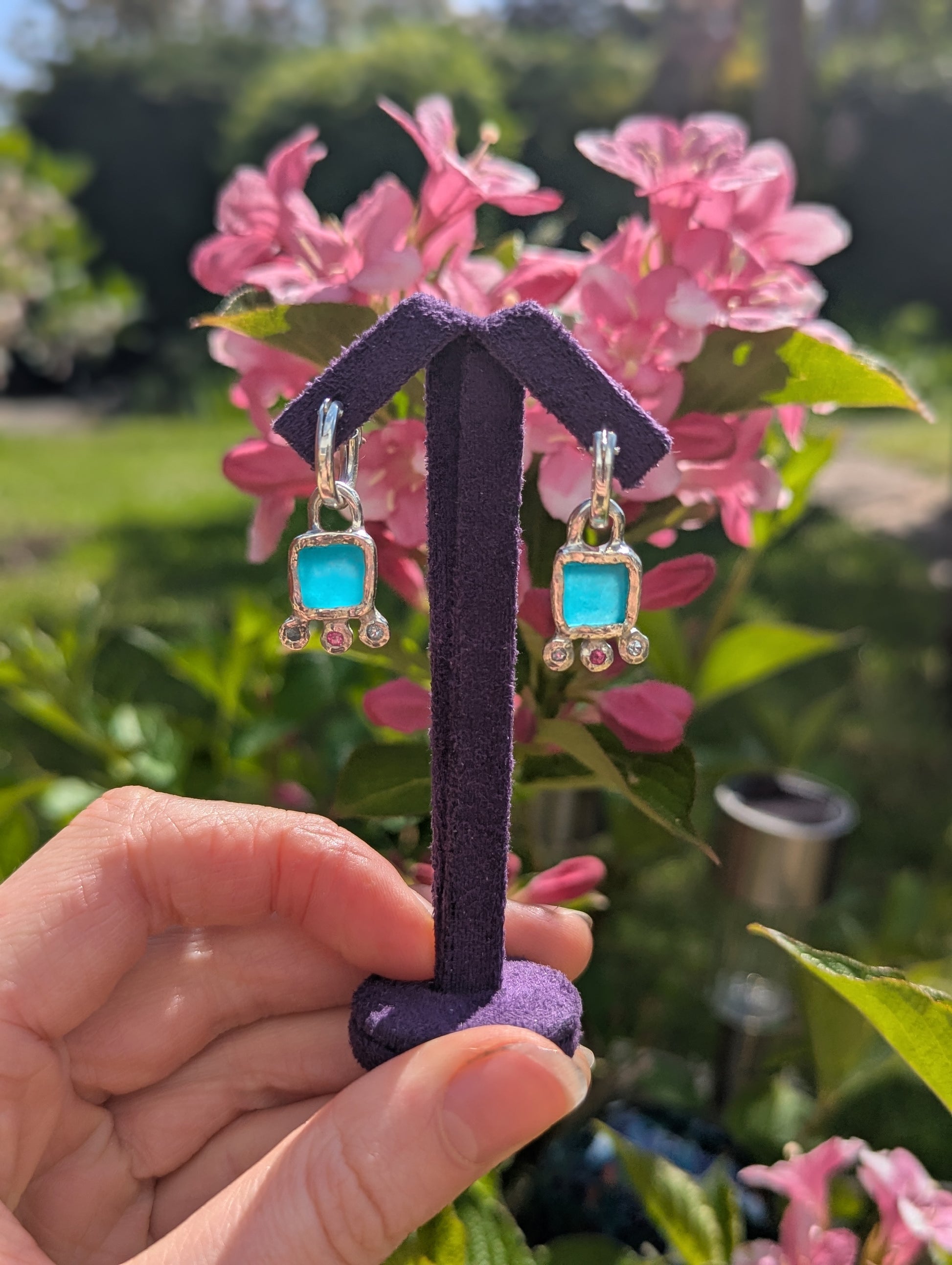 Cute_handmade_earrings_made_from_amazonite_sky_blue_topaz_and_pink_topaz_set_in_recycled_sterling_silver