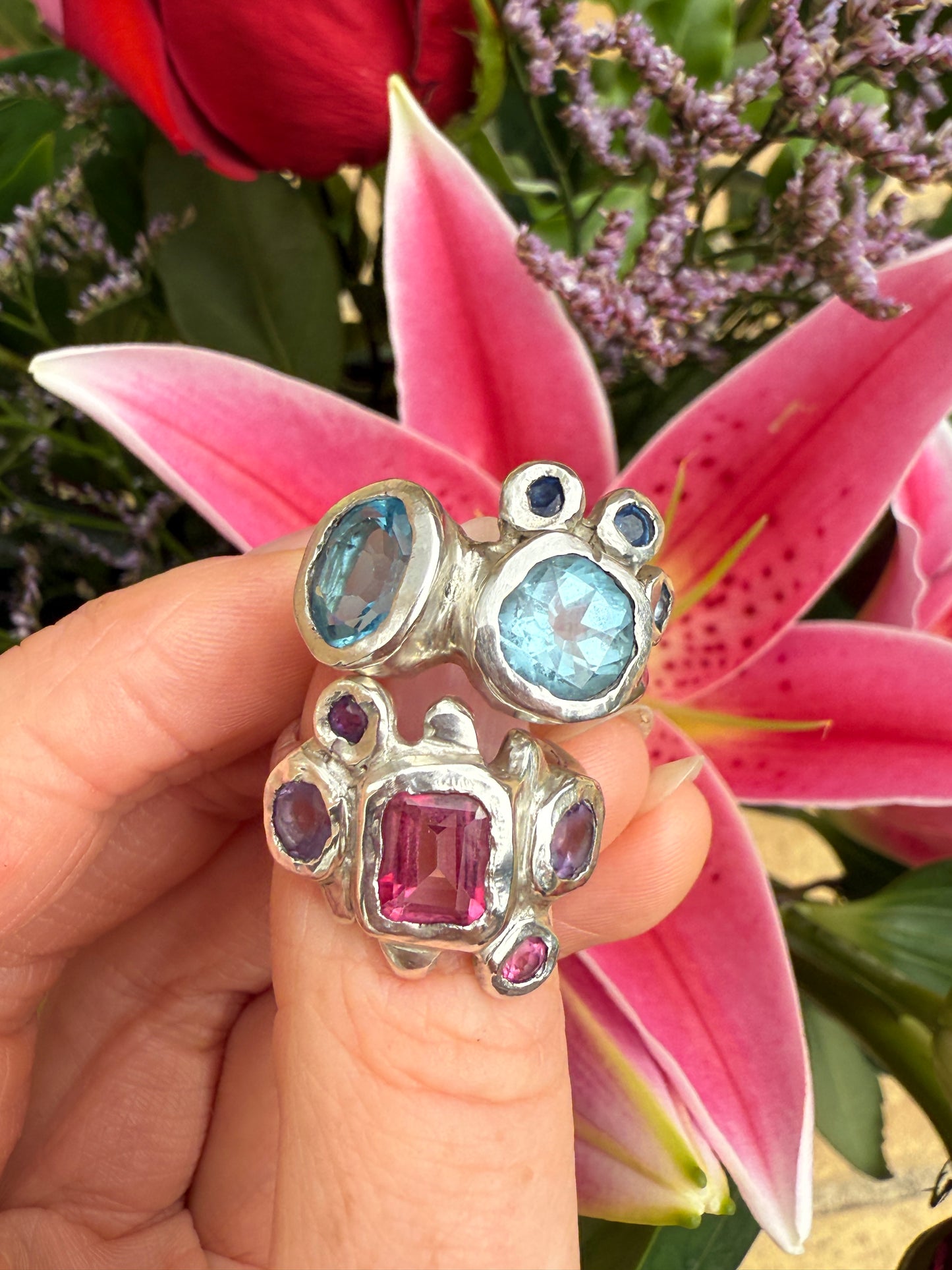Dreamy silver rings with blue, pink and purple gemstones