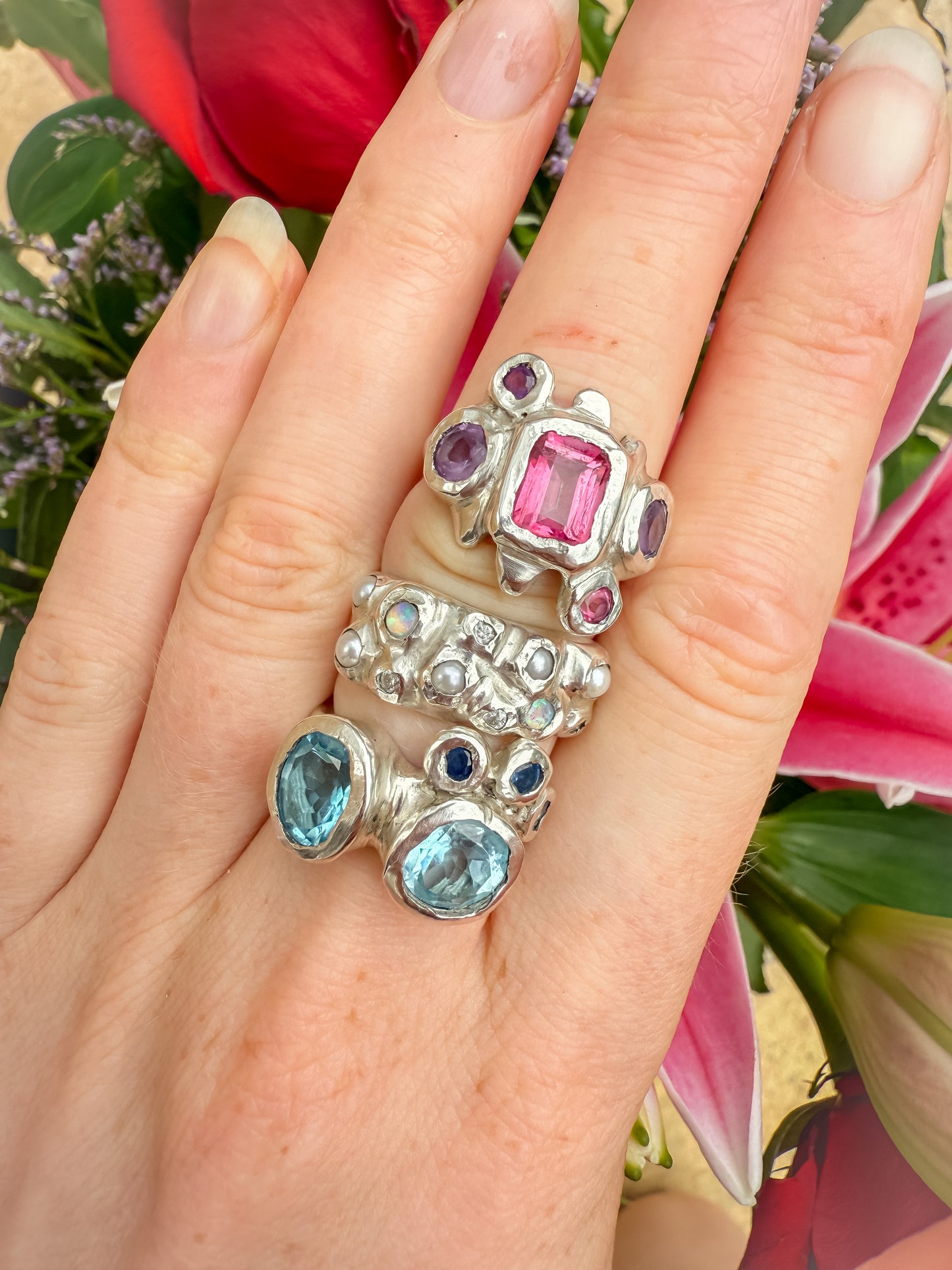 Dreamy silver rings with pink, purple, blue, opal, pearl and moissanite gemstones