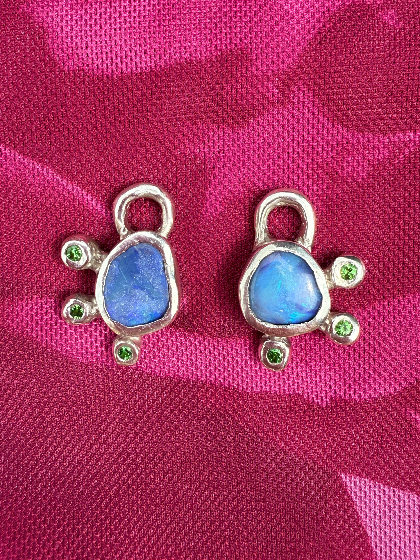 Silver hoop earring charms with Australian opals and Tsavorite garnet gemstones