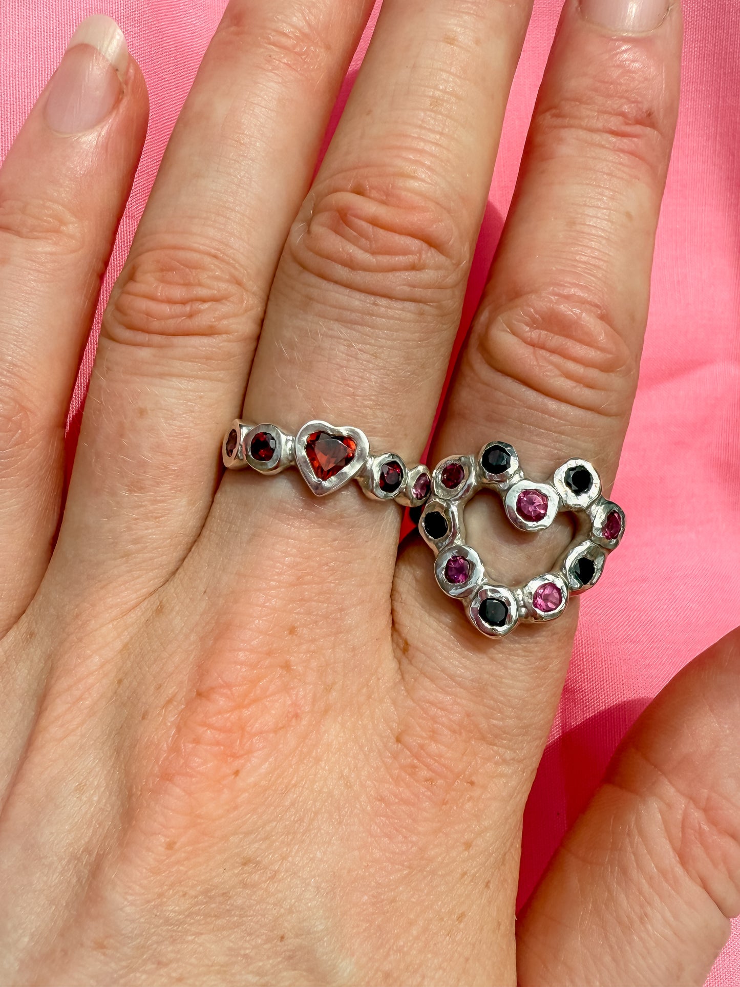 Silver heart rings with red heart gemstone, pink and red gemstones