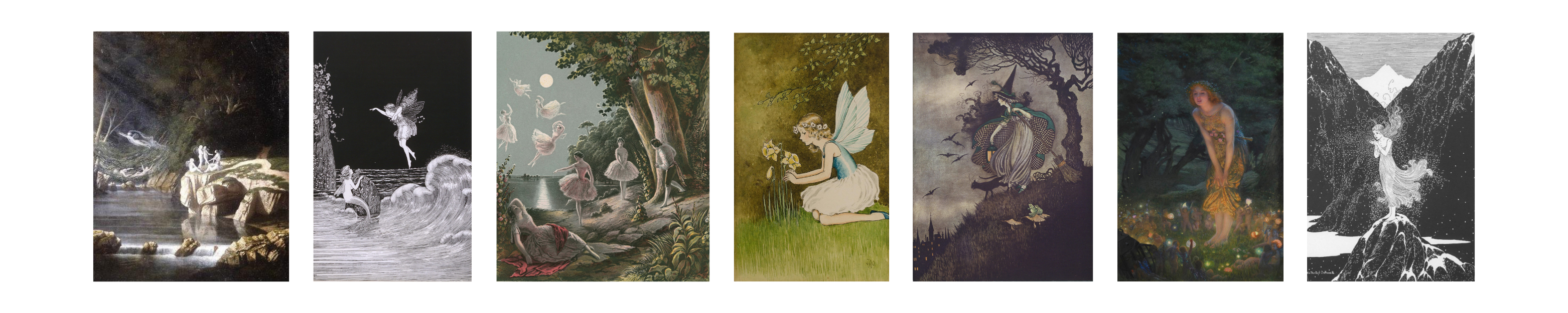 Banner of fairy, witch and mermaid magical paintings and illustrations