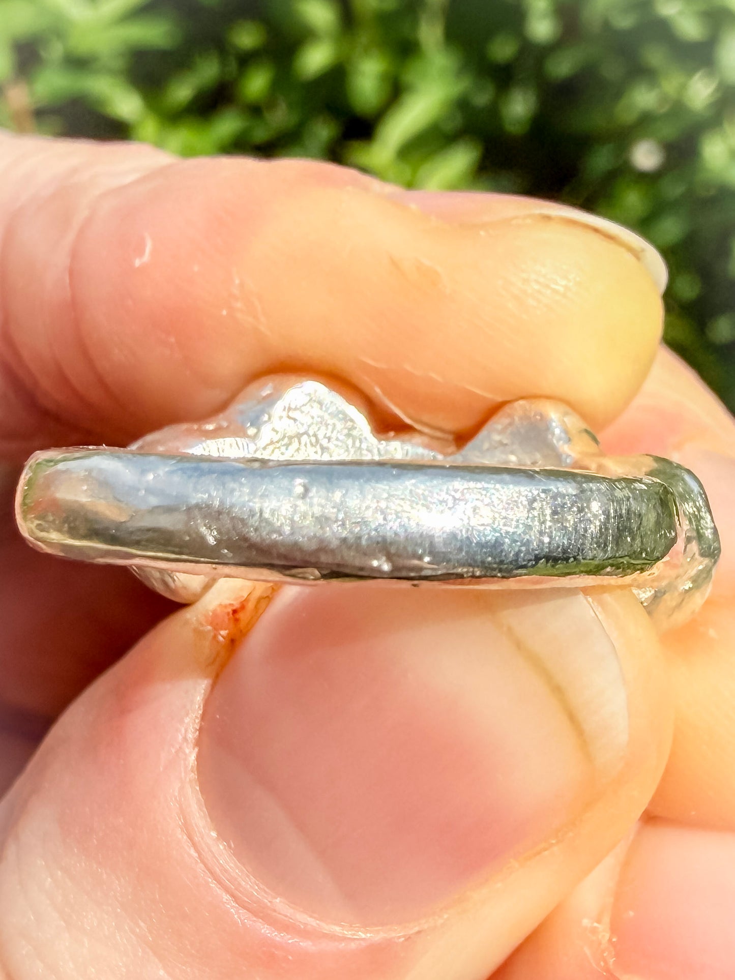 Pink Lab-Grown Sapphire Silver Handmade Ring close up of sand cast textured ring shank 3