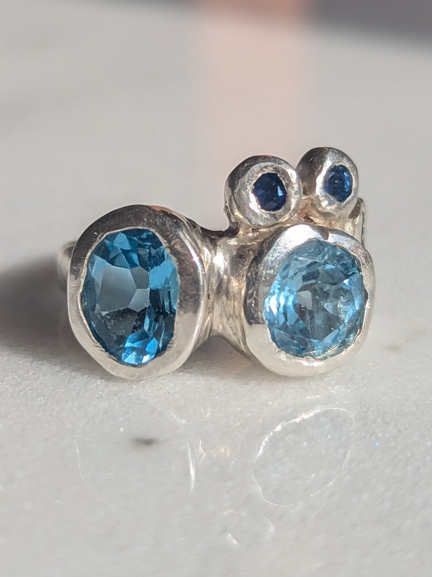 Bohemian blue gemstone silver ring on white background
