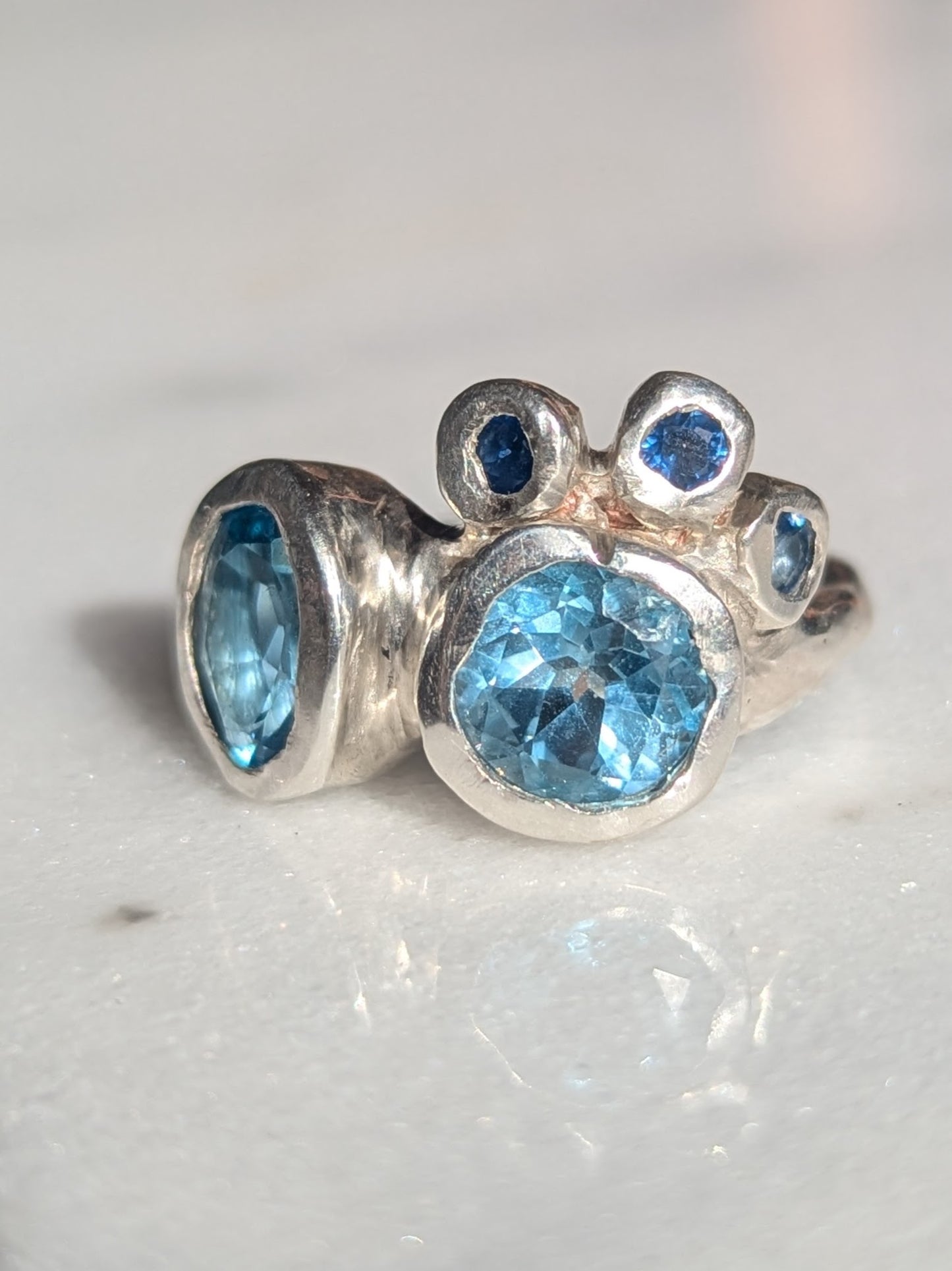 Bohemian blue gemstone silver ring on white background