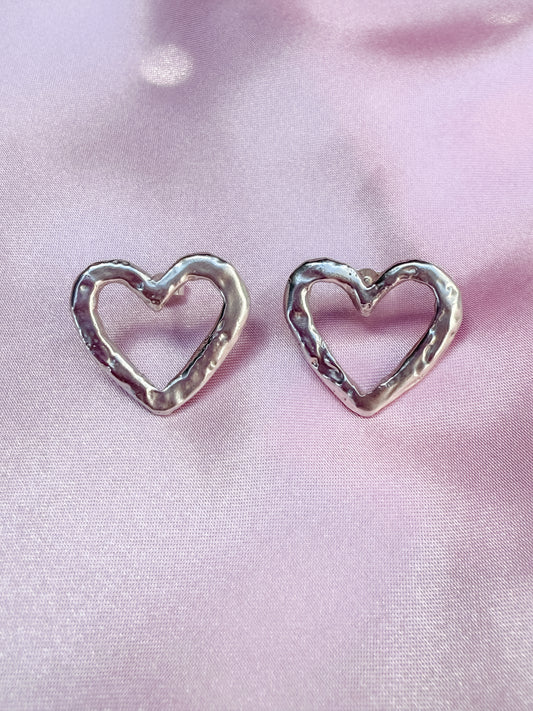 Silver Heart Studs with rippled molten metal texture