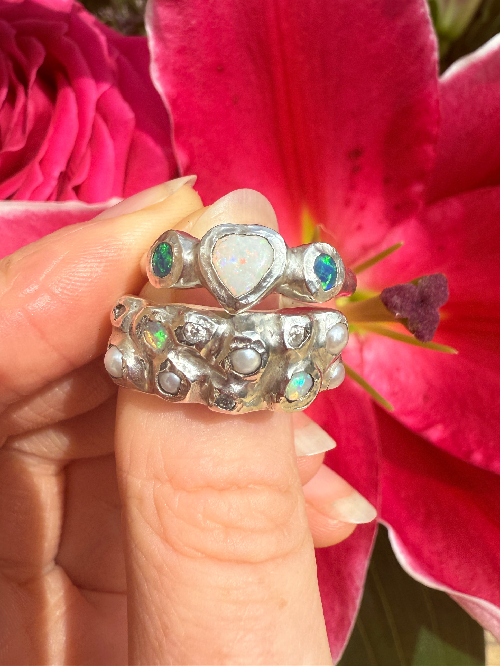 Silver rings with white heart opals, fine opals pearls and moissanites