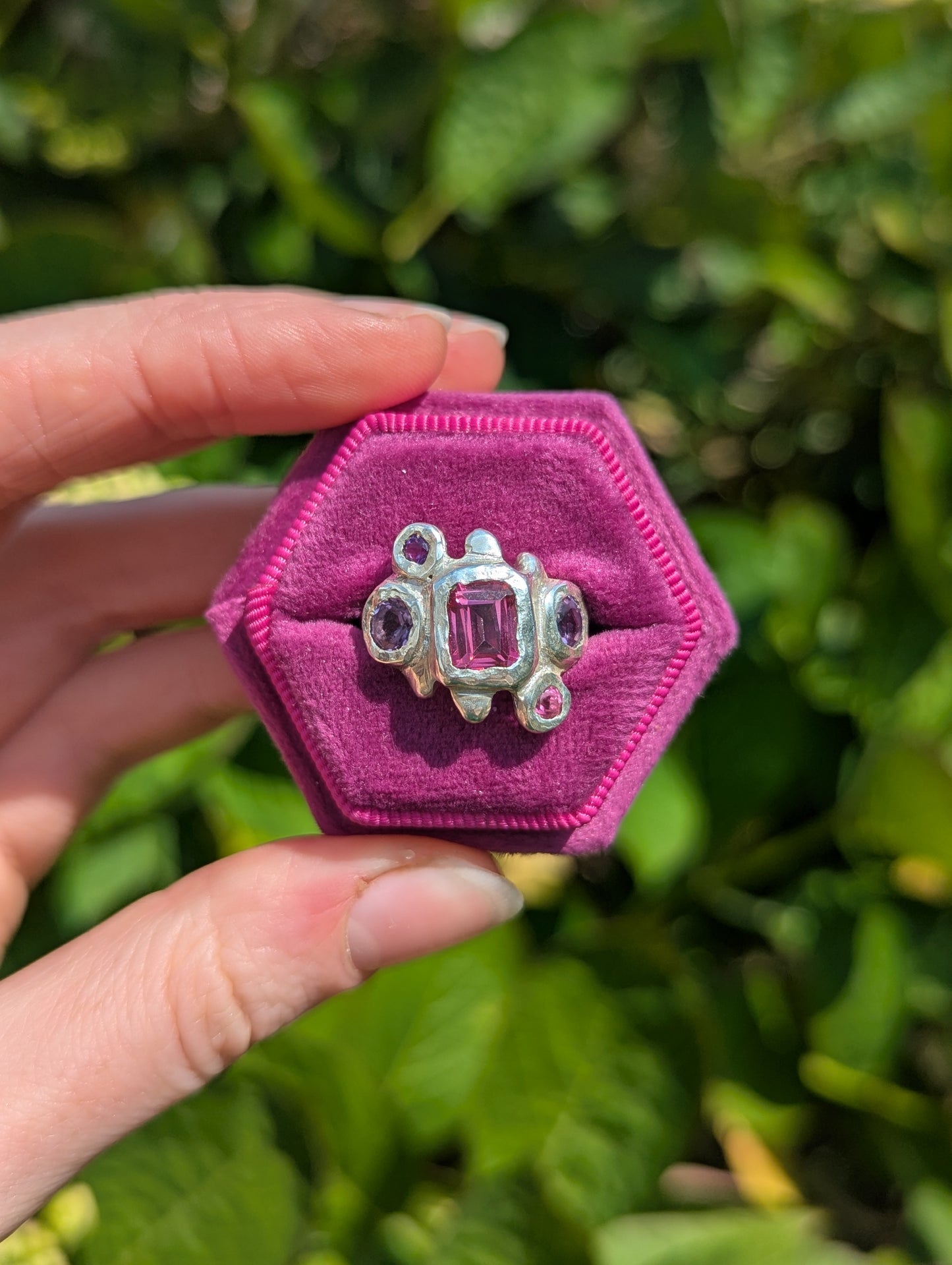 Handmade bohemian pink and purple gemstone ring in pink box