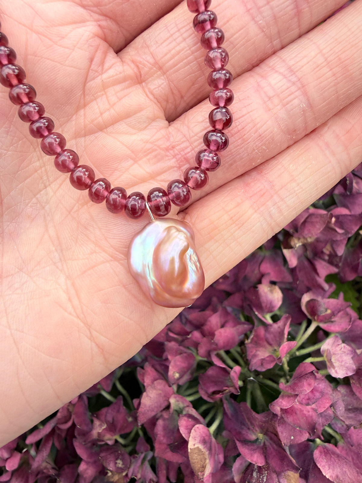 The Fairy Queen's Love Letter | Rhodolite Garnet & Lavender Keshi Pearl Necklace