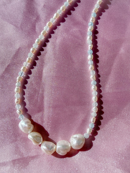 Moonflower Nymph | Aquamarine and Keshi Pearl Necklace
