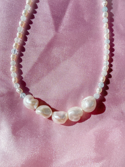 Moonflower Nymph | Aquamarine and Keshi Pearl Necklace