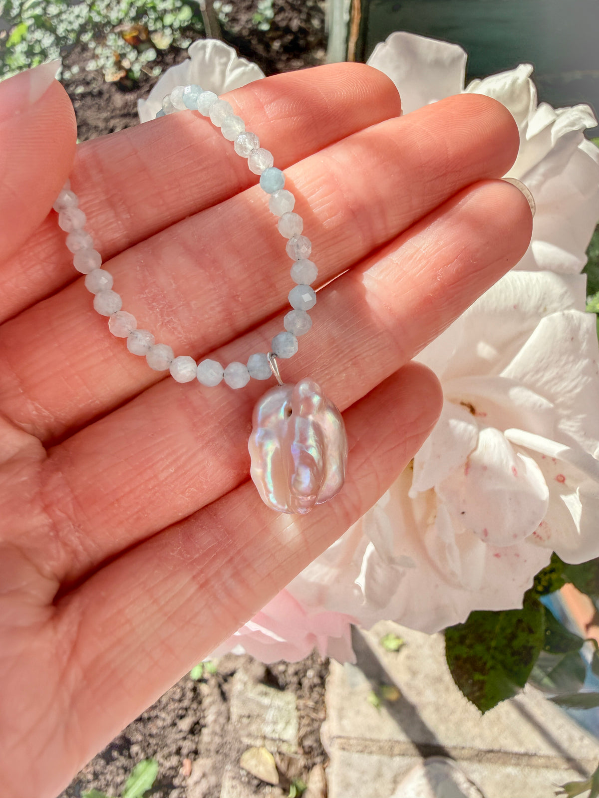 Moonpool Dew | Aquamarine & Lavender Keshi Pearl Necklace