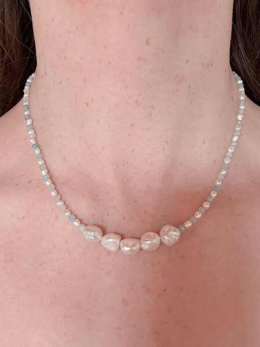 Moonflower Nymph | Aquamarine and Keshi Pearl Necklace