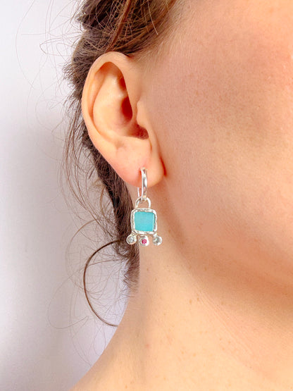 Amazonite, pink topaz and sky blue topaz hoop earring silver charms in ear
