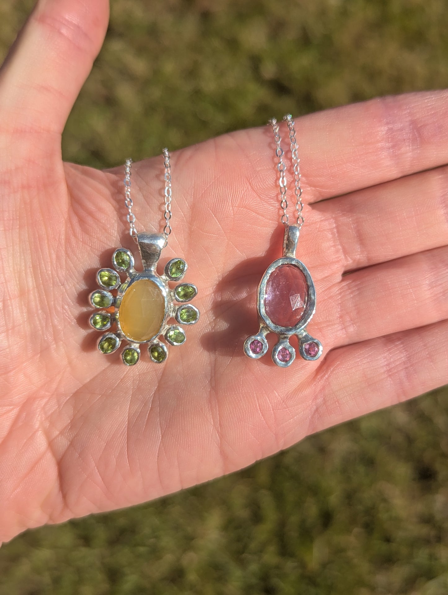 Amethyst_and_pink_topaz_recycled_sterling_silver_fun_feminine_handmade_pendant_and_yellow_opal_and_peridot_sunflower_recycled_sterling_silver_quirky_handmade_pendant