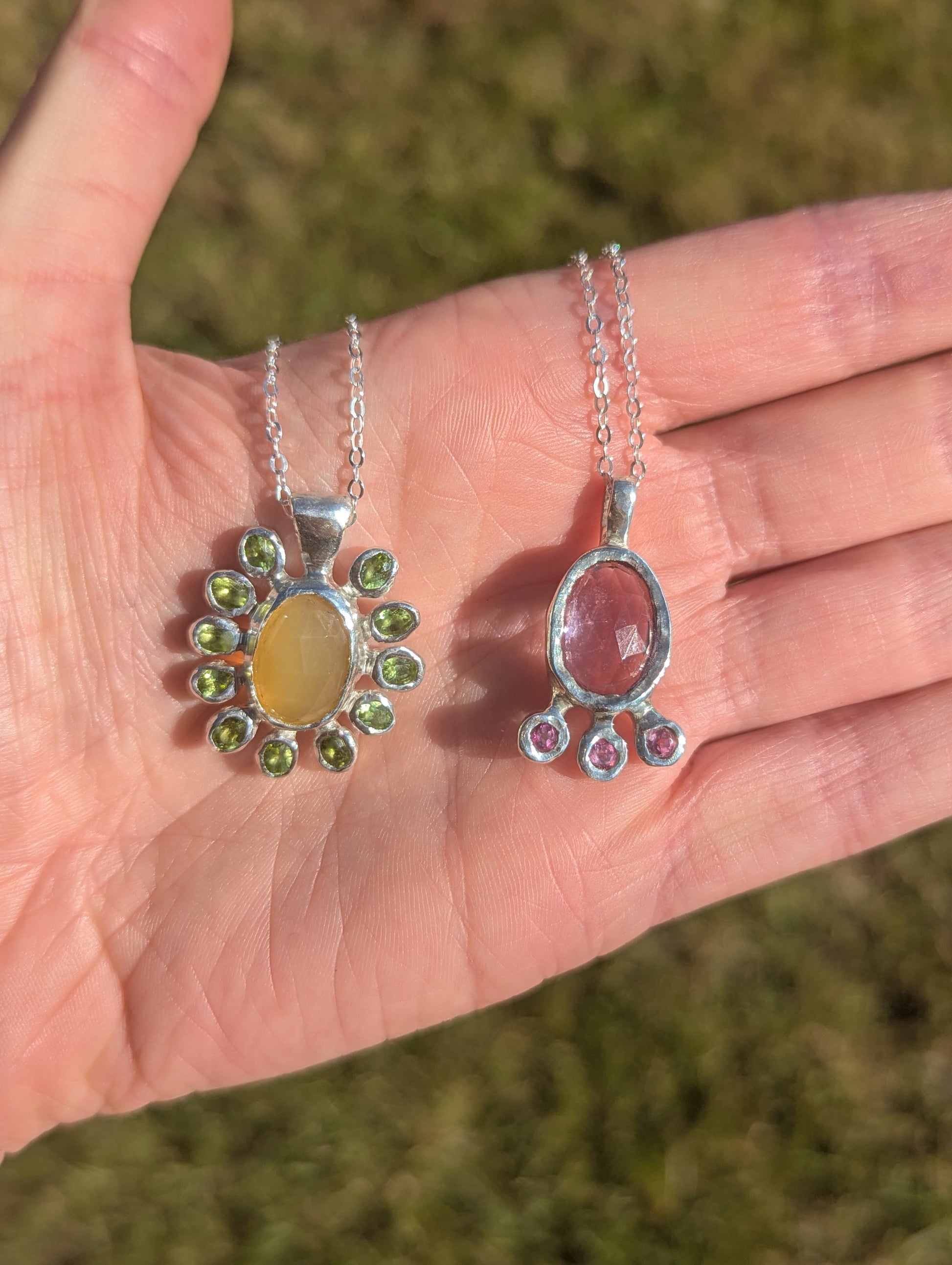 Amethyst_and_pink_topaz_recycled_sterling_silver_fun_feminine_handmade_pendant_and_yellow_opal_and_peridot_sunflower_recycled_sterling_silver_quirky_handmade_pendant