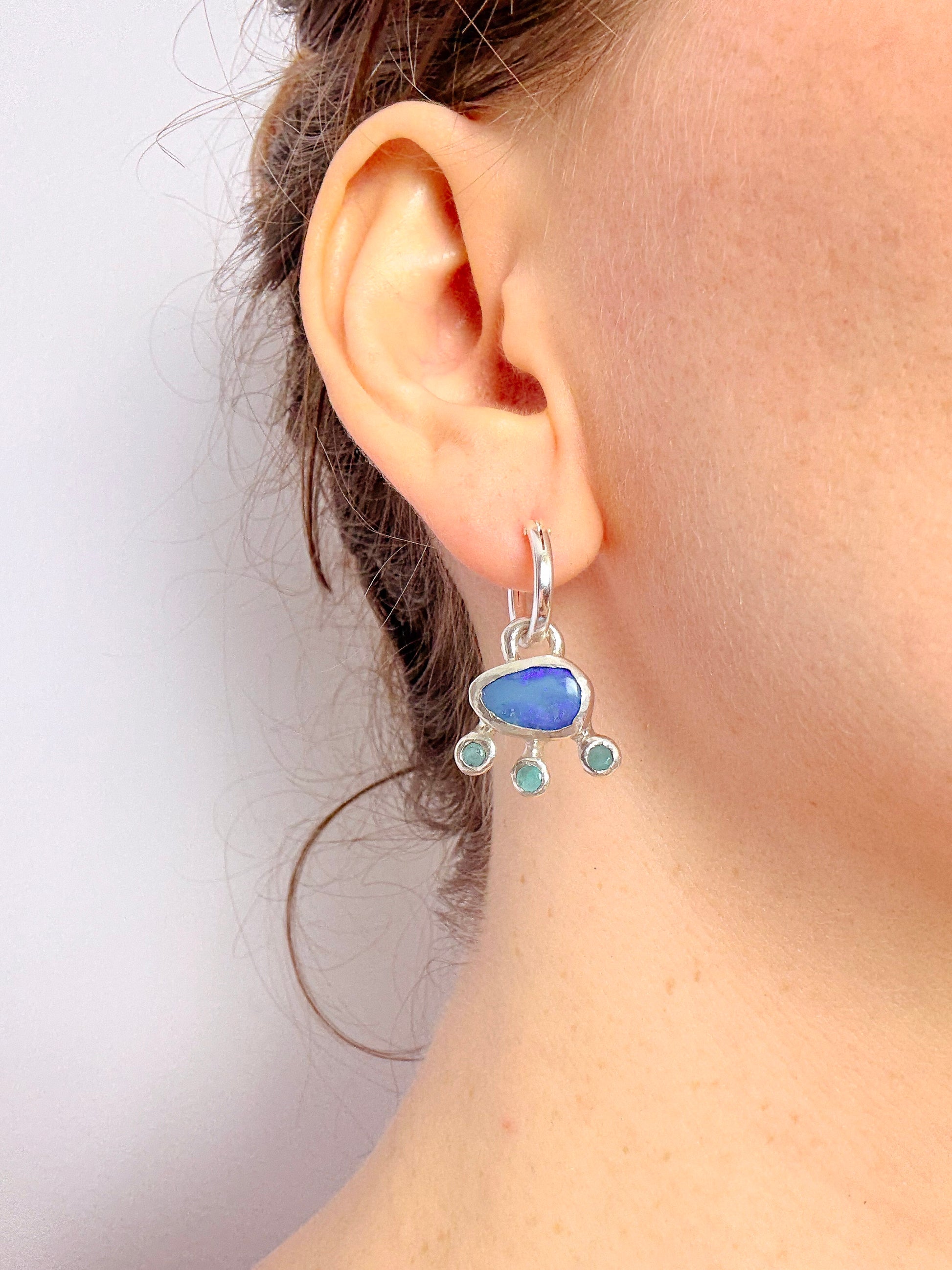 Australian opal and amazonite asymmetrical hoop earring silver charm in ear