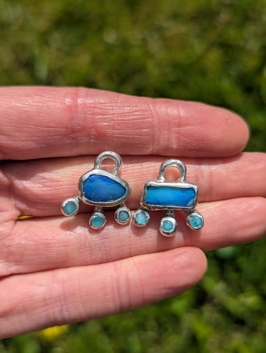 Australian opal and amazonite asymmetrical hoop earring silver charms on hand