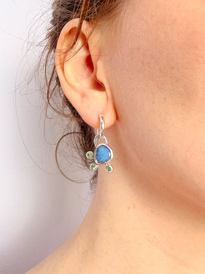 Australian opal and tsavorite garnet sterling silver hoop charm earrings in ear