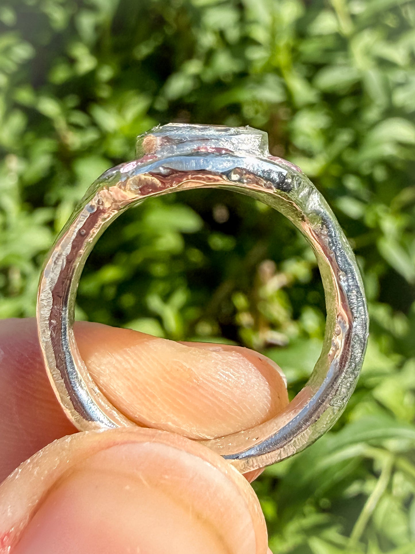 Close up of Cushion cut peach morganite pink tourmaline handmade silver ring showing sand cast ring shank 2