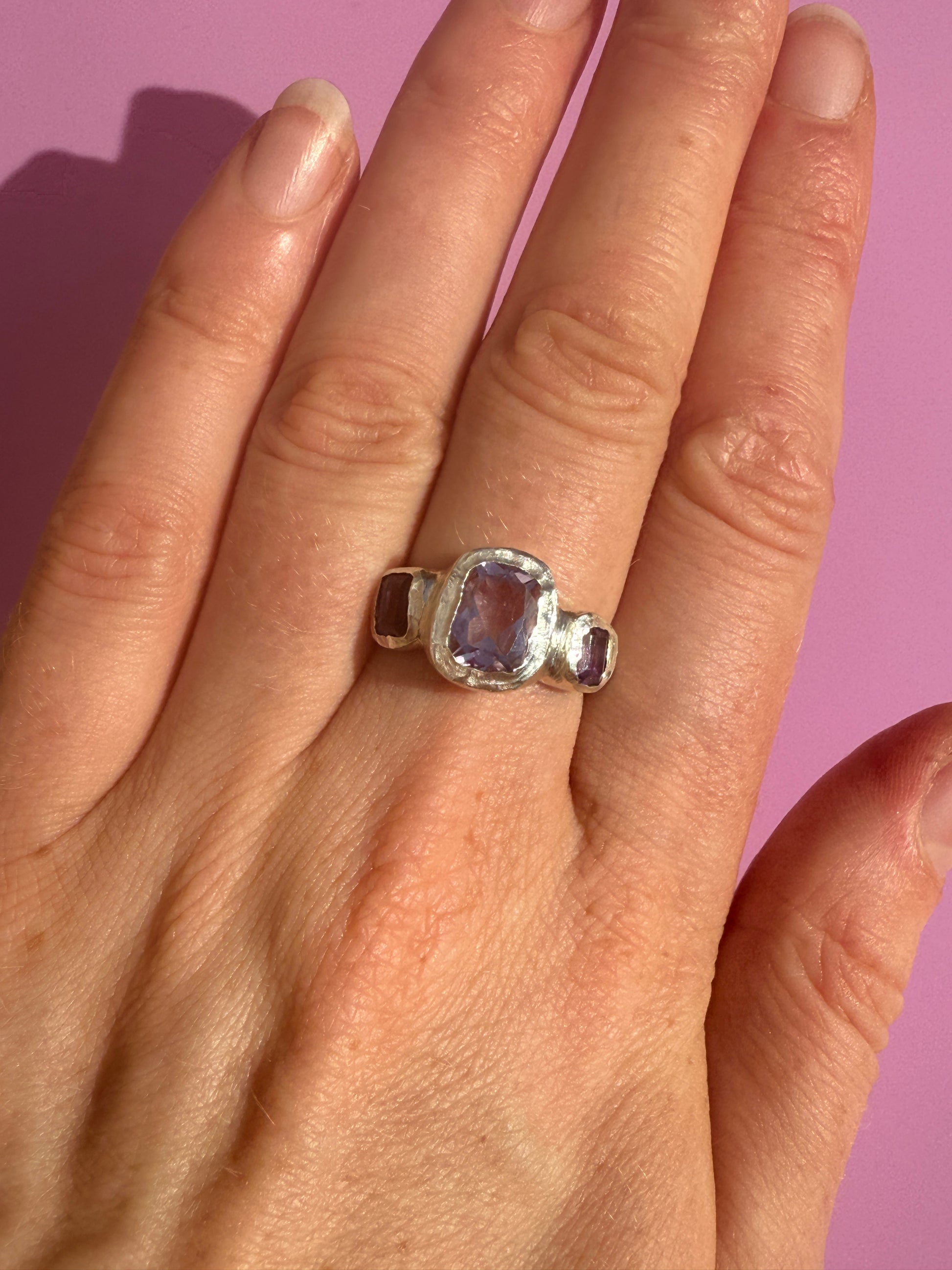 Cushion cut amethyst bohemian handmade silver ring on hand