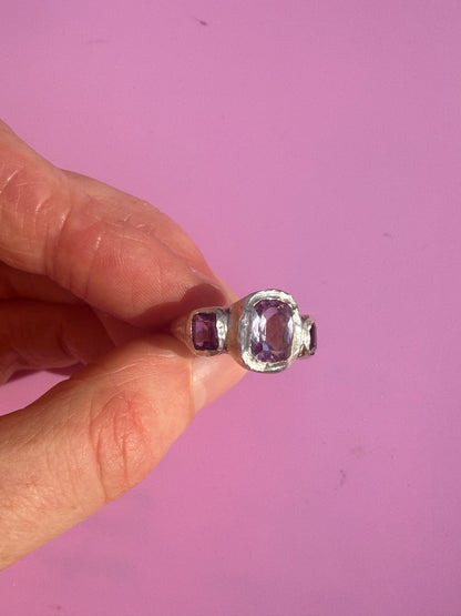 Cushion cut amethyst bohemian handmade silver ring side view 1