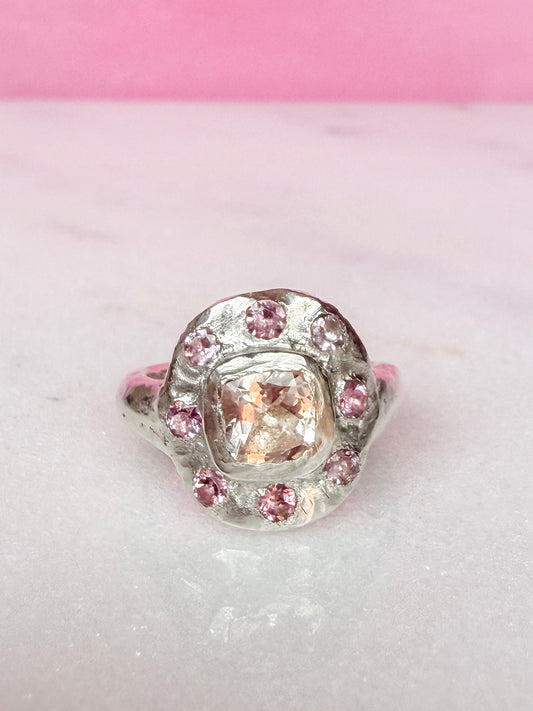 Cushion cut peach morganite pink tourmaline handmade silver ring on white and pink background