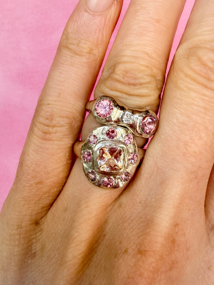 Cushion cut peach morganite pink tourmaline handmade silver ring and pink tourmaline and moissanite handmade silver ring on hand 