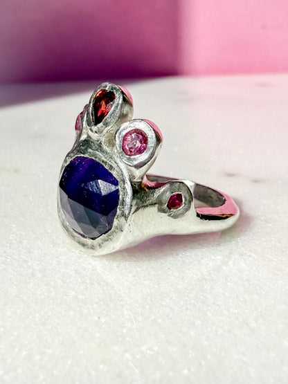 Dark amethyst slice, garnet heart, pink topaz and ruby handmade silver ring side view 2