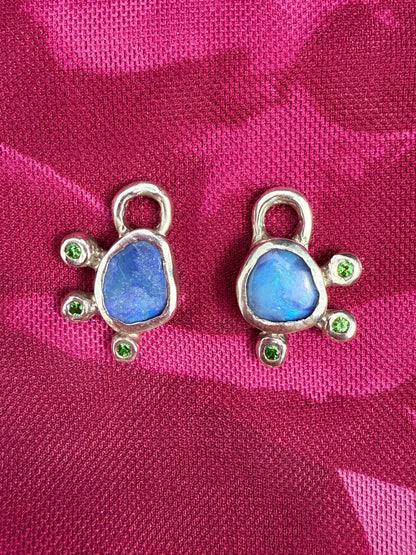Silver hoop earring charms with Australian opals and Tsavorite garnet gemstones
