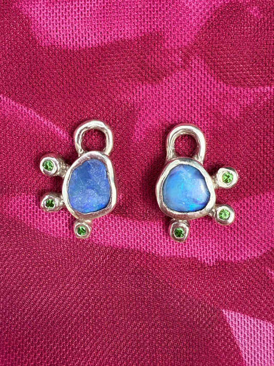 Silver hoop earring charms with Australian opals and Tsavorite garnet gemstones