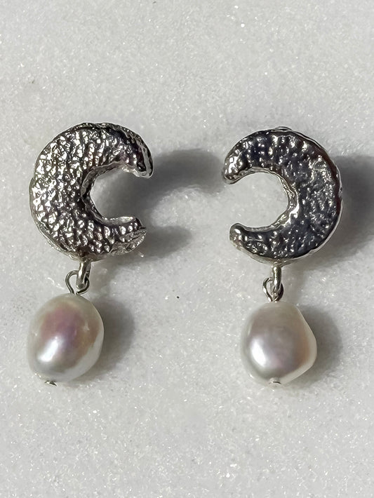 Keshi Pearl and Silver Moon Handmade Silver Earrings on marble surface