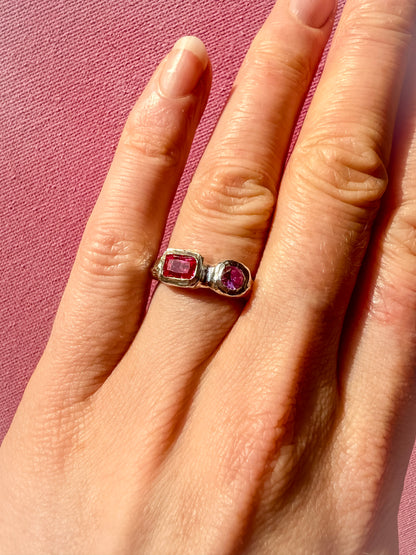 Lab grown octagon ruby and lab grown round pink sapphire handmade silver ring on hand