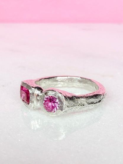 Lab grown octagon ruby and lab grown round pink sapphire handmade silver ring side view 2