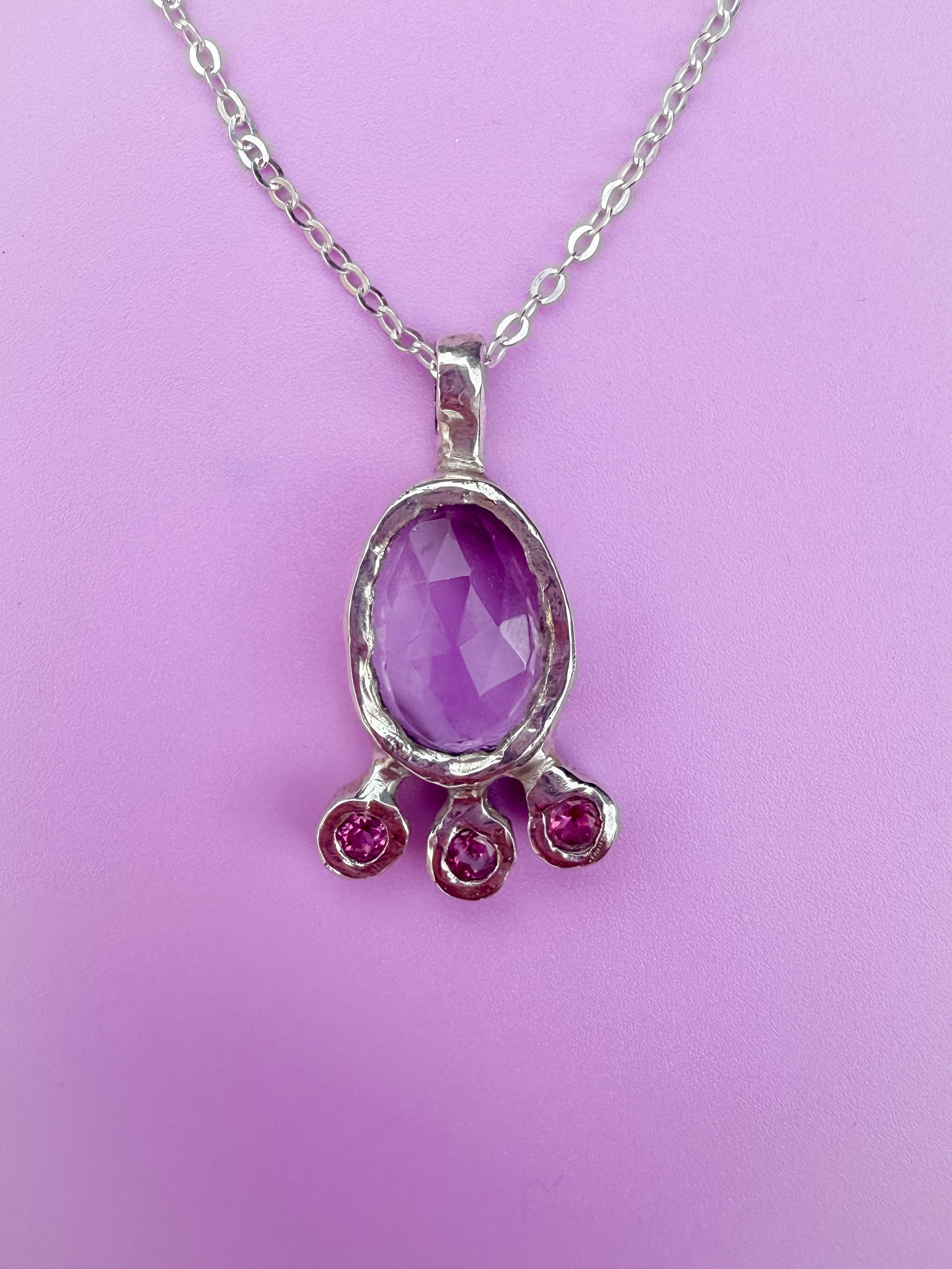 Dreamy silver handmade pendant with lilac amethyst and pink topaz gemstones