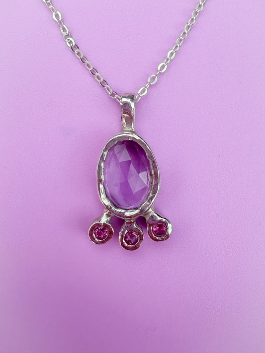 Dreamy silver handmade pendant with lilac amethyst and pink topaz gemstones