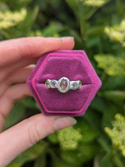 Handmade dreamy green and purple gemstone silver ring in purple box