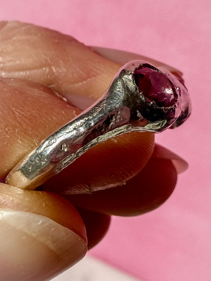 Natural pink tourmaline and lab-grown moissanite handmade silver ring up close ring shank 4