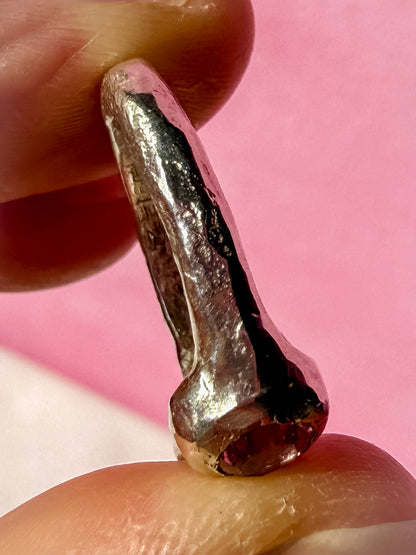 Natural pink tourmaline and lab-grown moissanite handmade silver ring up close ring shank