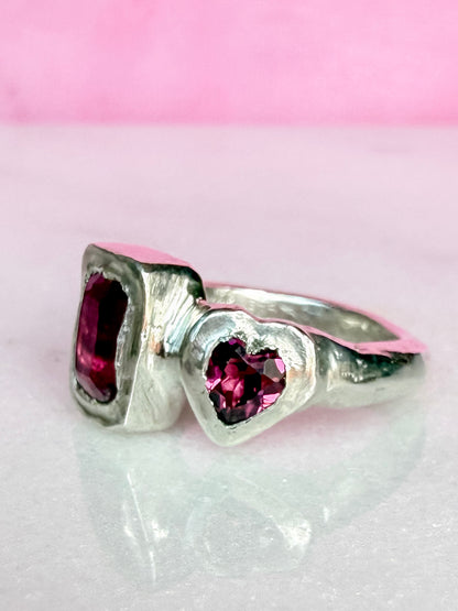 Octagon_cushion_cut_hot_pink_tourmaline_and_purple_rhodolite_heart_handmade_silver_ring_side_view_2