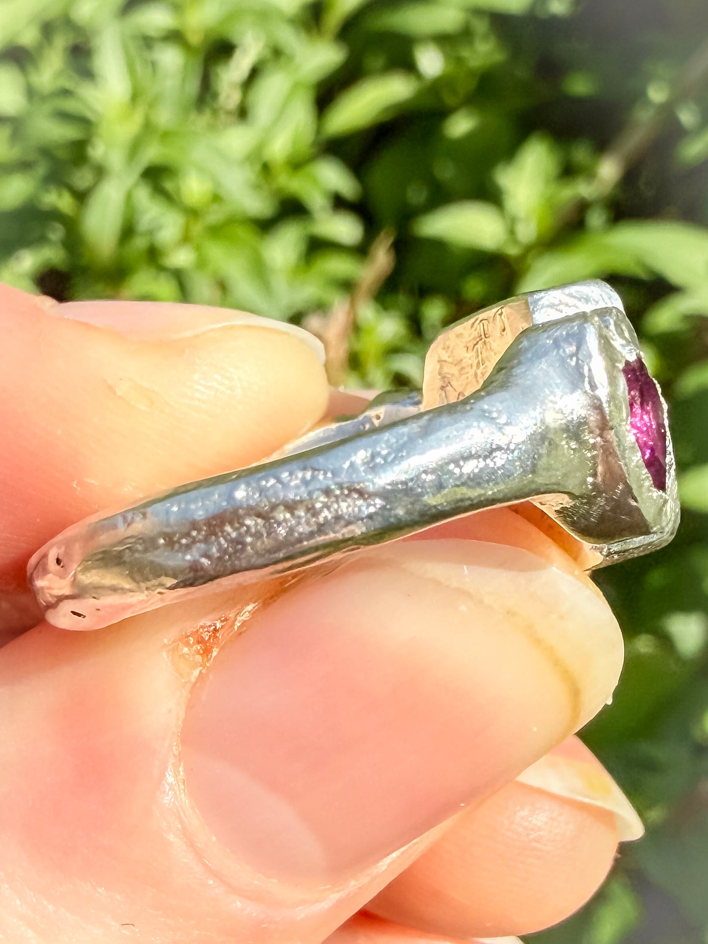 Octagon_cushion_cut_hot_pink_tourmaline_and_purple_rhodolite_heart_handmade_silver_ring_close_up_of_sand_cast_ring_shank_3