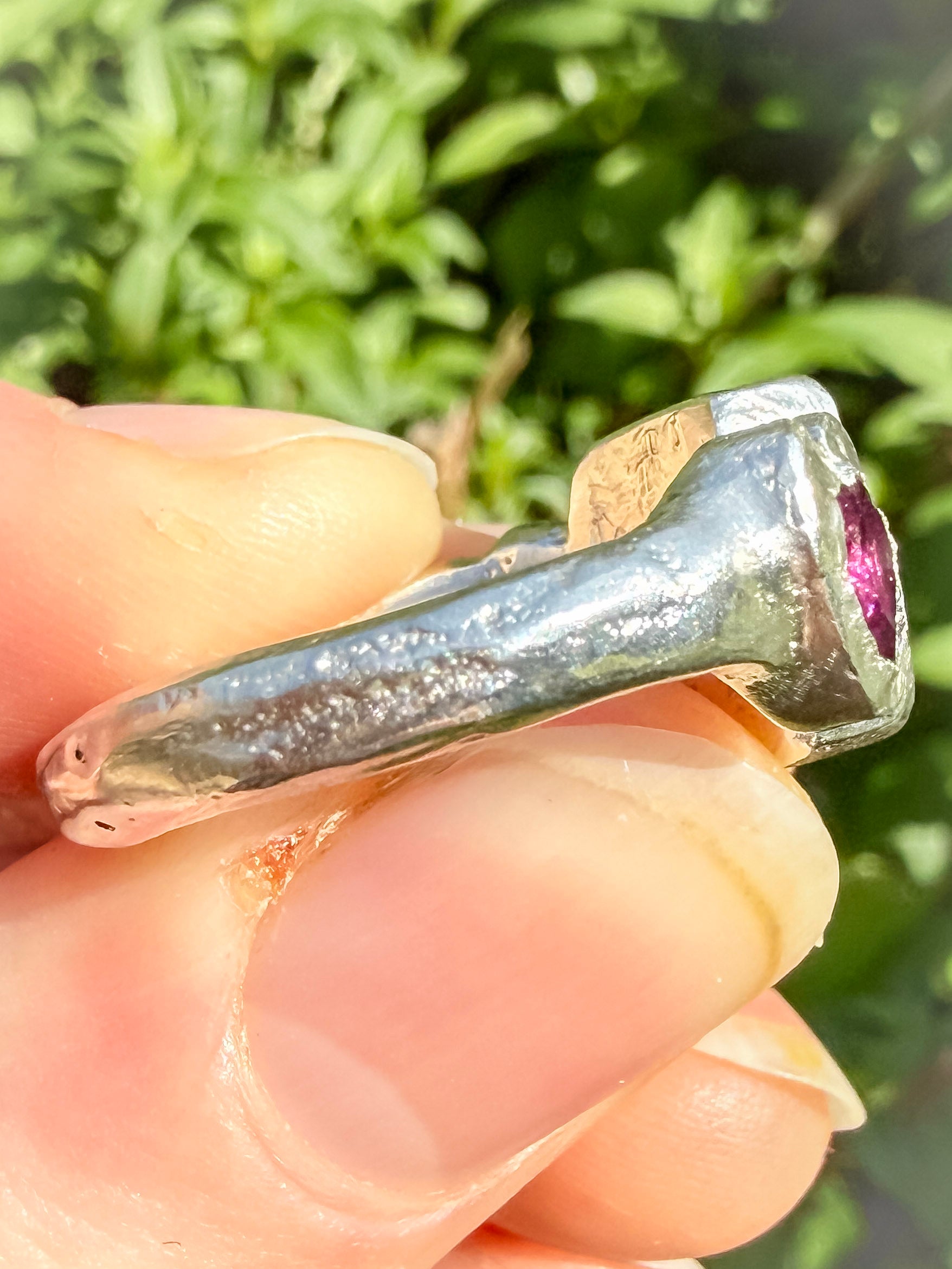 Octagon_cushion_cut_hot_pink_tourmaline_and_purple_rhodolite_heart_handmade_silver_ring_close_up_of_sand_cast_ring_shank_3