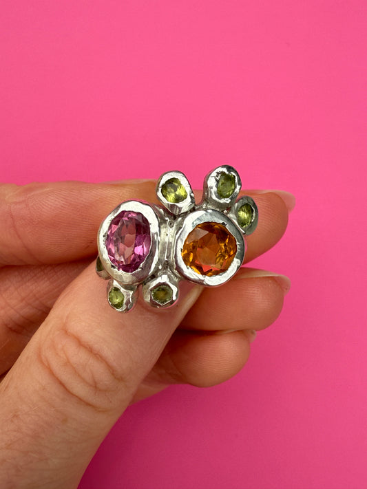 Silver bohemian ring with pink, orange and green gemstones
