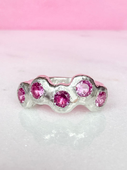 Pink Lab-Grown Sapphire Silver Handmade Ring on white background